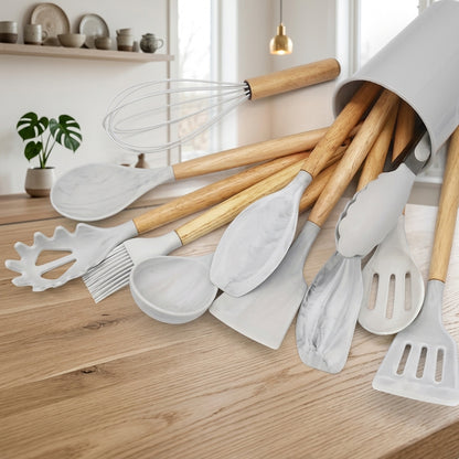 Set 12 Pezzi Utensili da Cucina Silicone Manici in Legno Resistenti al Calore | Camporosa