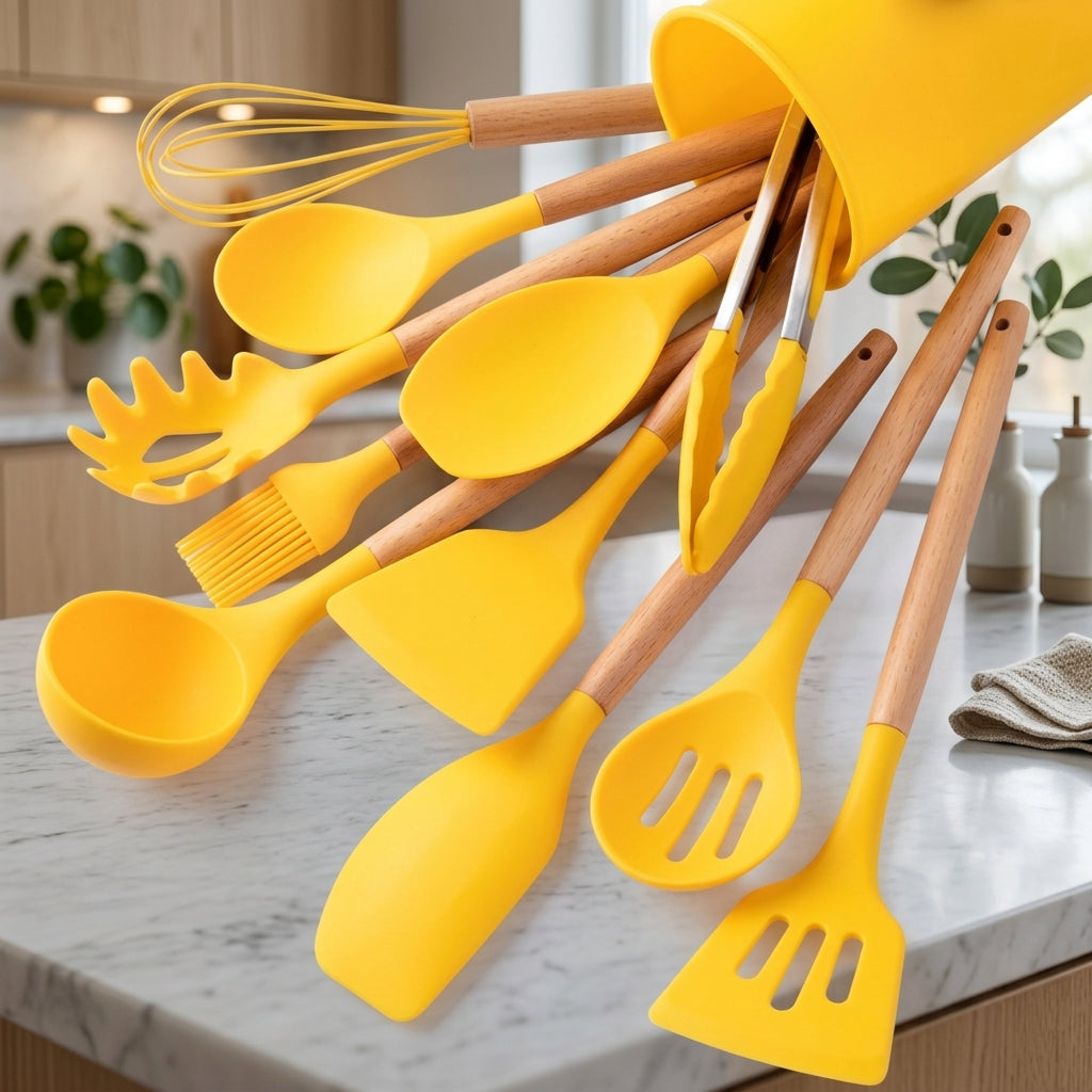 Set 12 Pezzi Utensili da Cucina Silicone Manici in Legno Resistenti al Calore | Camporosa