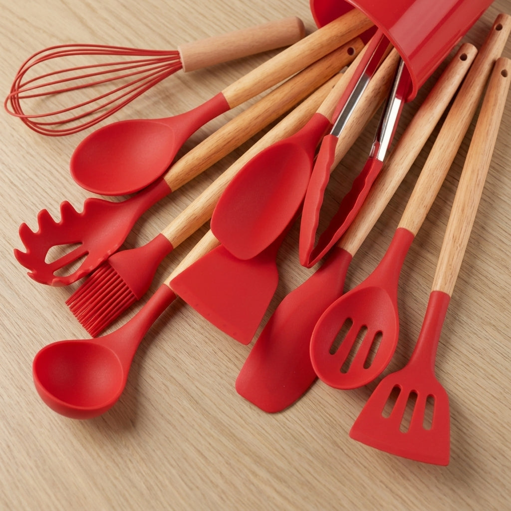 Set 12 Pezzi Utensili da Cucina Silicone Manici in Legno Resistenti al Calore | Camporosa
