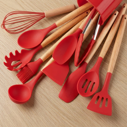Set 12 Pezzi Utensili da Cucina Silicone Manici in Legno Resistenti al Calore | Camporosa
