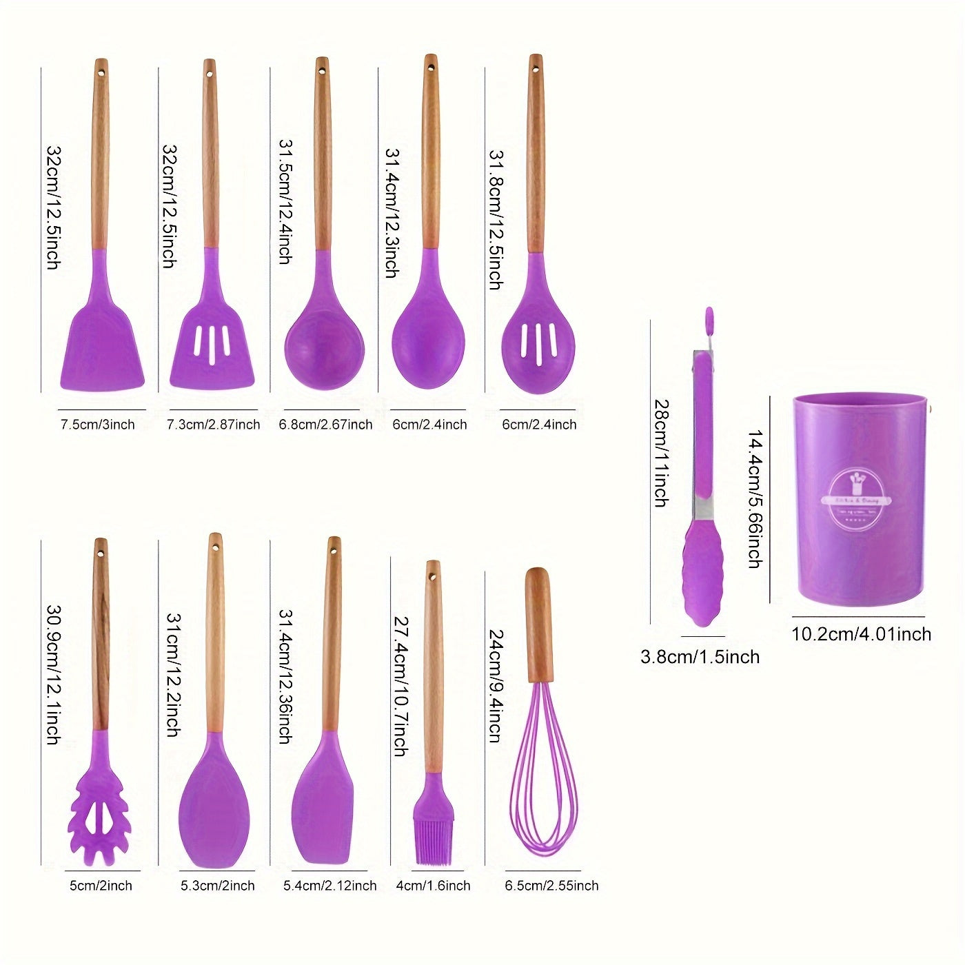 Set 12 Pezzi Utensili da Cucina Silicone Manici in Legno Resistenti al Calore | Camporosa