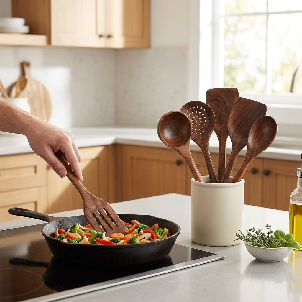 Set di Utensili da Cucina in Legno Naturale Spatola Mestolo | Casadora