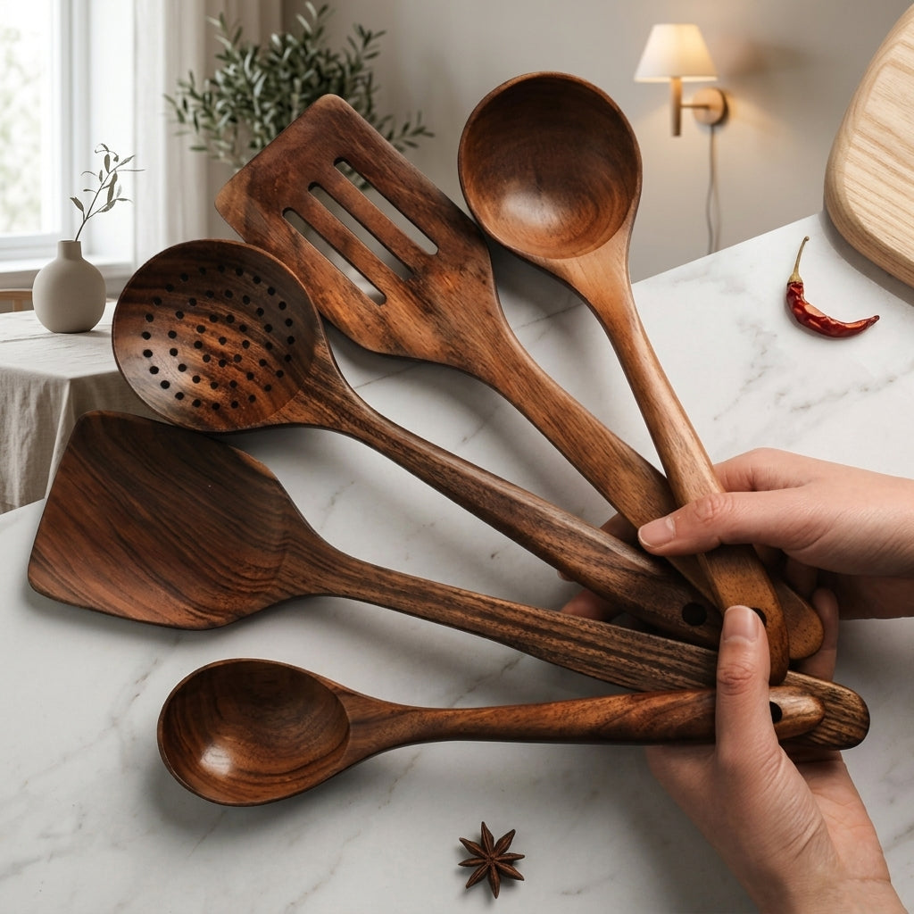 Set di Utensili da Cucina in Legno Naturale Spatola Mestolo | Casadora