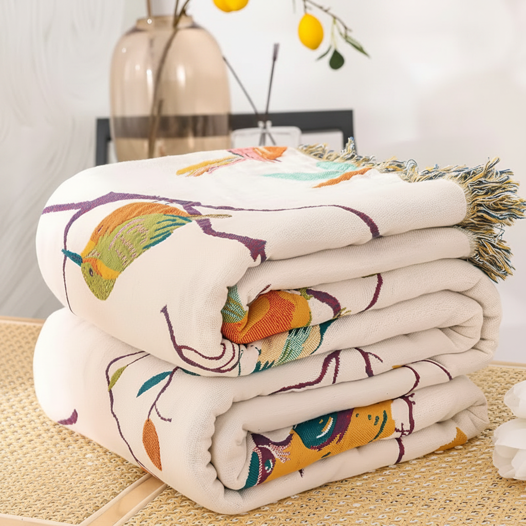 Coperta in Mussola di Cotone con Motivo Uccelli Colorati | Aviamara