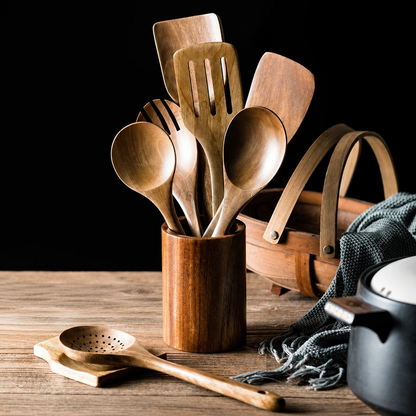 Set di Utensili da Cucina in Legno con Portautensili | Zyvarion