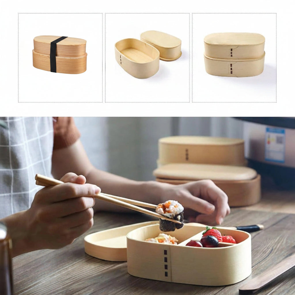 Lunch Box in Legno a Due Livelli con Accessori per Pasti | Pranzella