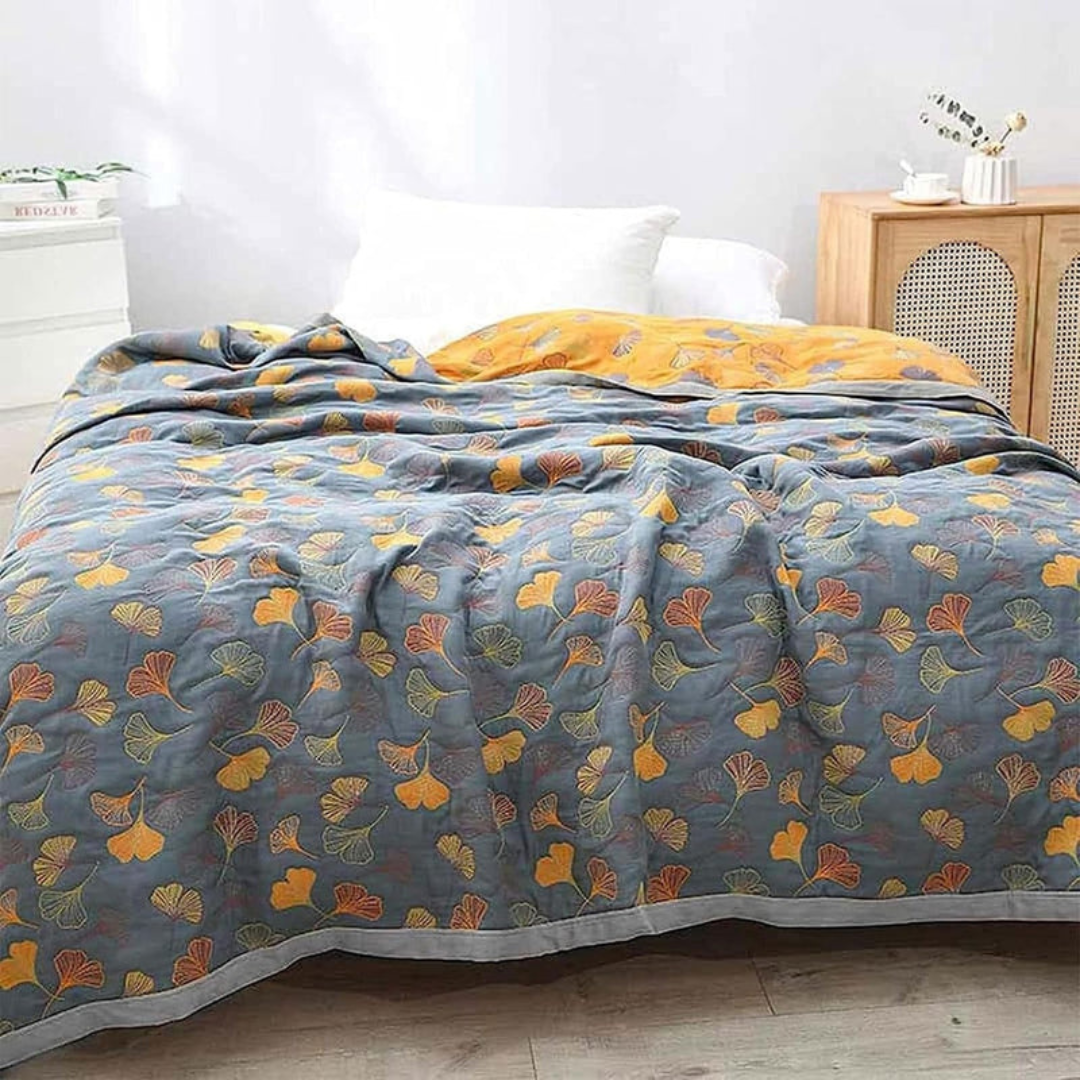 Trapunta Reversibile Trapuntata con Motivo Foglie Ginkgo | Fogliera