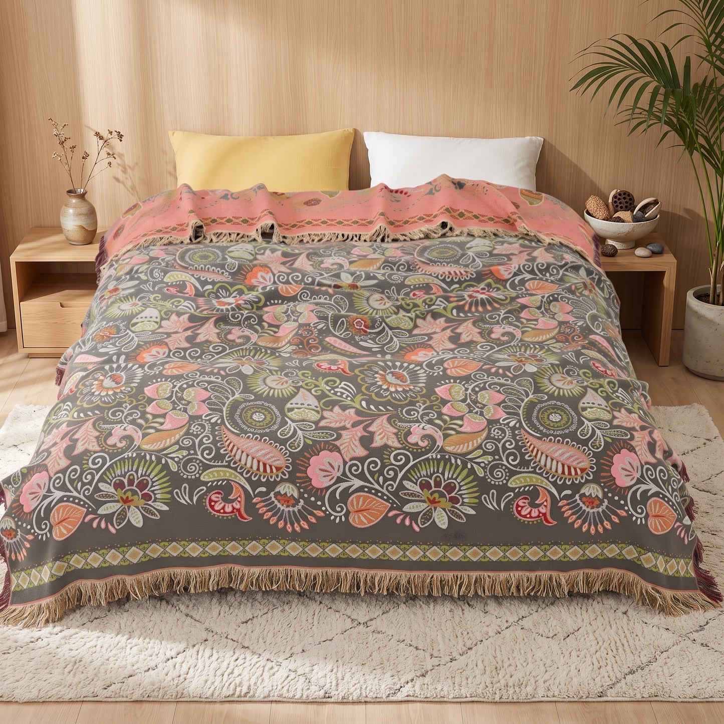 Coperta Decorativa in Cotone con Motivo Boho Floreale | Fiorlena