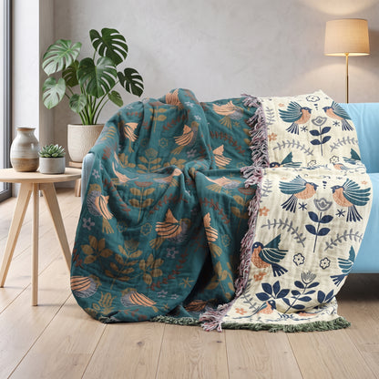 Coperta Reversibile in Cotone con Motivo Naturale | Verdanza