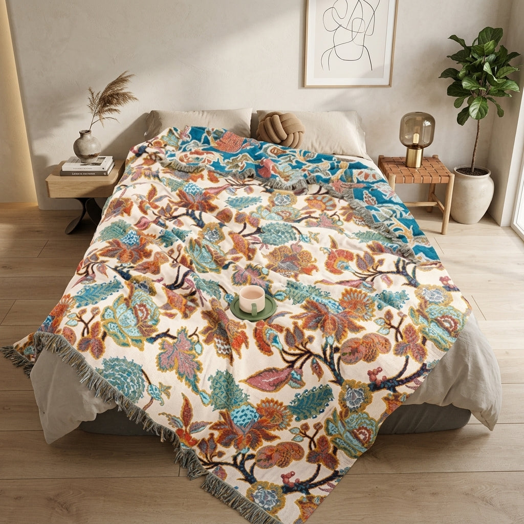 Coperta Decorativa Floreale in Cotone con Frange per Divano | Brivalio