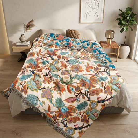 Coperta Decorativa Floreale in Cotone con Frange per Divano | Brivalio