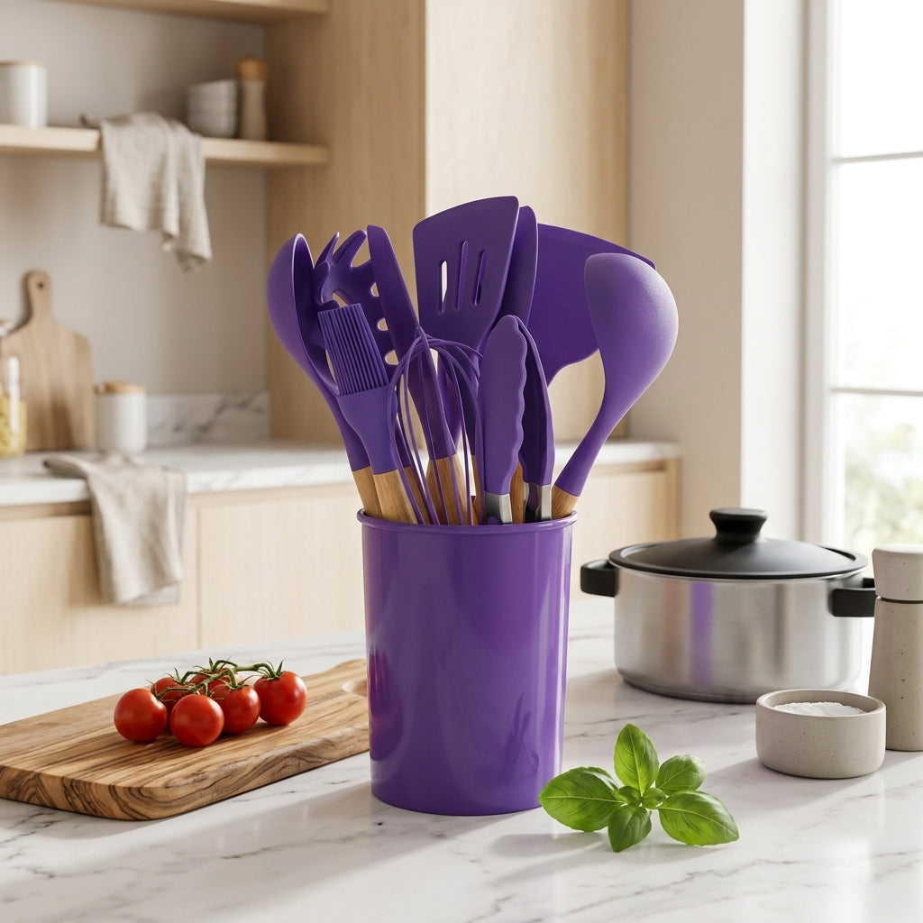 Set Utensili da Cucina in Silicone 12 Pezzi con Manici in Bambù | Arbellina