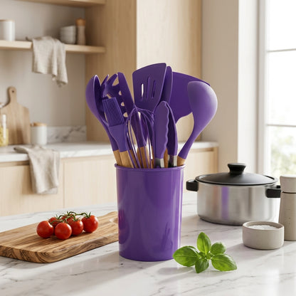Set Utensili da Cucina in Silicone 12 Pezzi con Manici in Bambù | Arbellina