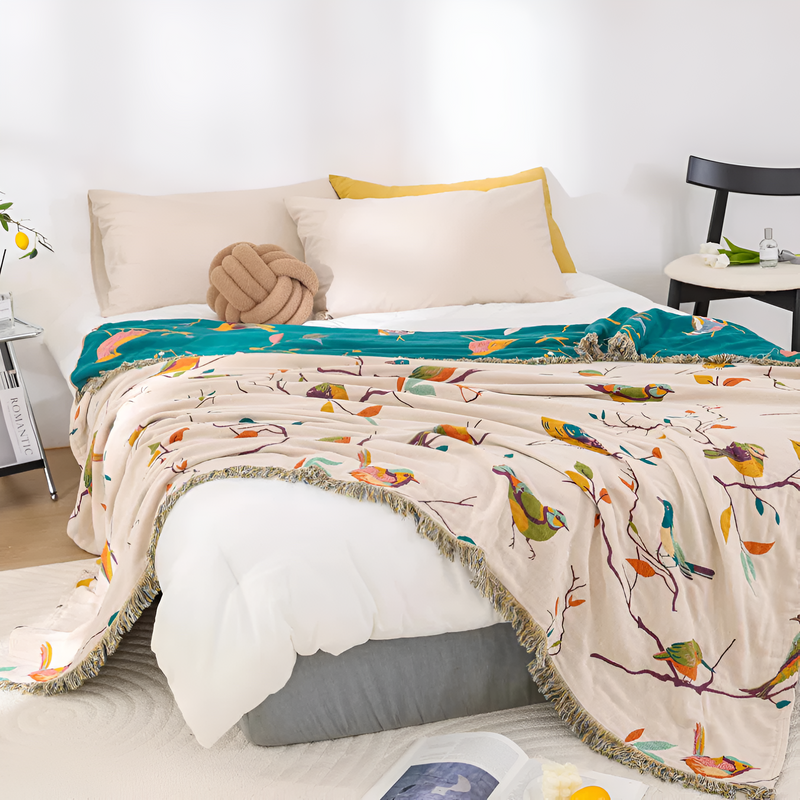 Coperta in Mussola di Cotone con Motivo Uccelli Colorati | Aviamara