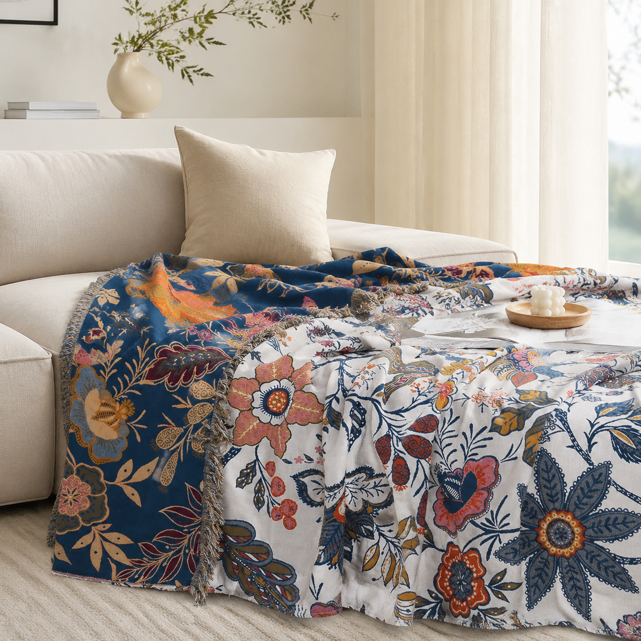 Coperta Divano Floreale Multiuso con Frange | Floravelle