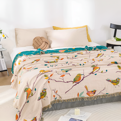 Coperta in Mussola di Cotone con Motivo Uccelli Colorati | Aviamara