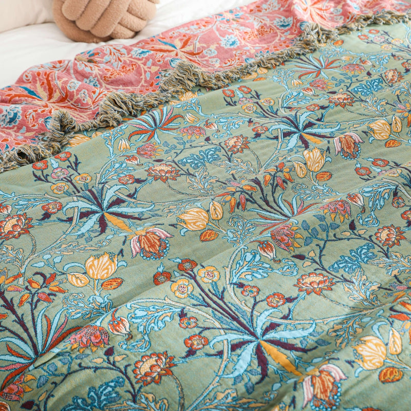 Coperta in Cotone con Motivo Floreale Boho e Frange | Fioravento
