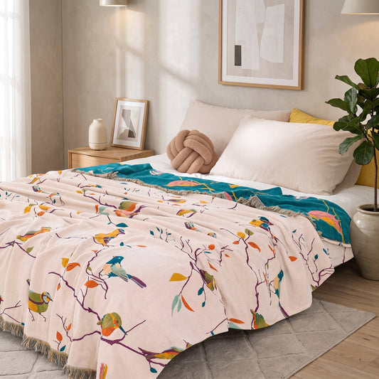 Coperta in Mussola di Cotone con Motivo Uccelli Colorati | Aviamara