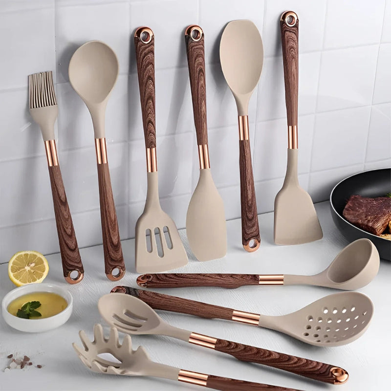Set di Utensili da Cucina in Silicone con Manici Effetto Legno | Cucinoro