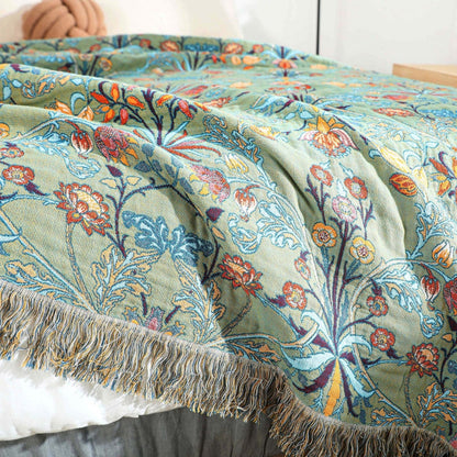 Coperta in Cotone con Motivo Floreale Boho e Frange | Fioravento