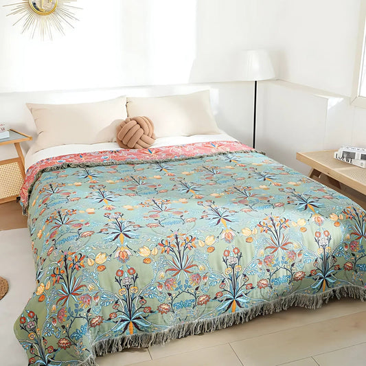 Coperta in Cotone con Motivo Floreale Boho e Frange | Fioravento
