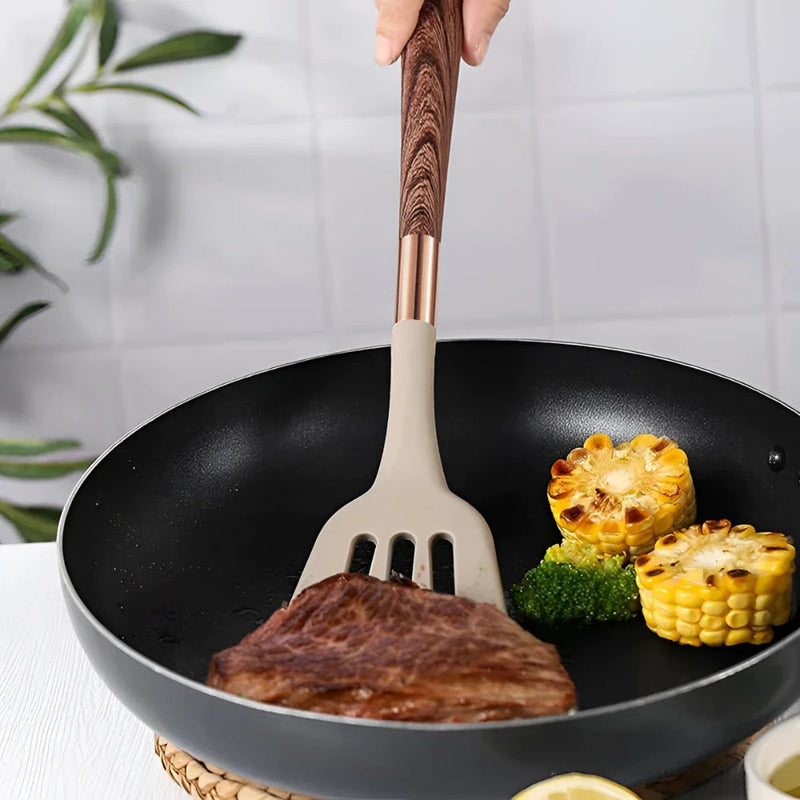 Set di Utensili da Cucina in Silicone con Manici Effetto Legno | Cucinoro