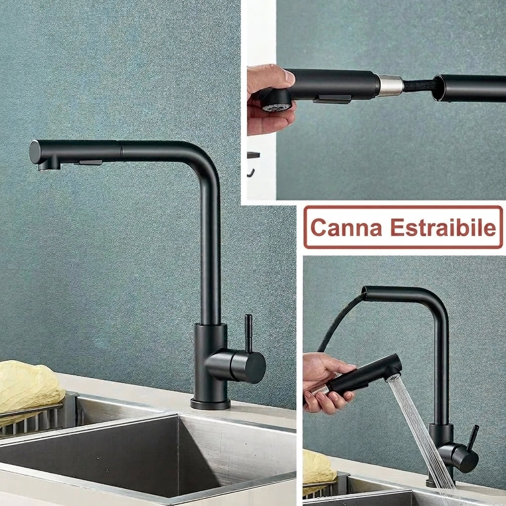 Rubinetto da Cucina in Acciaio Inox con Spruzzatore Estraibile e Acqua Calda Fredda | Elverosa