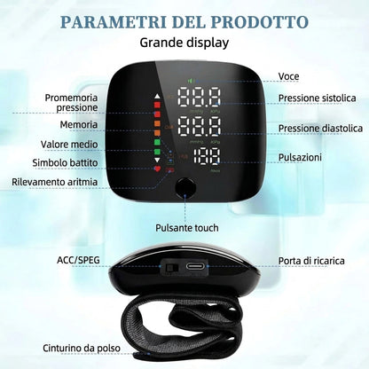 Misuratore di Pressione da Polso Portatile con Avvisi Vocali e Memoria | Elarosa