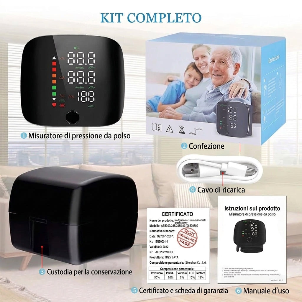 Misuratore di Pressione da Polso Portatile con Avvisi Vocali e Memoria | Elarosa