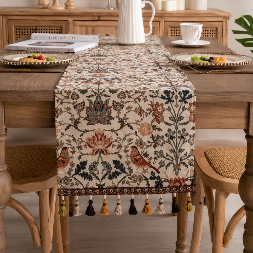 Runner da Tavola Jacquard Floreale con Eleganti Frange Decorative | Xavirel